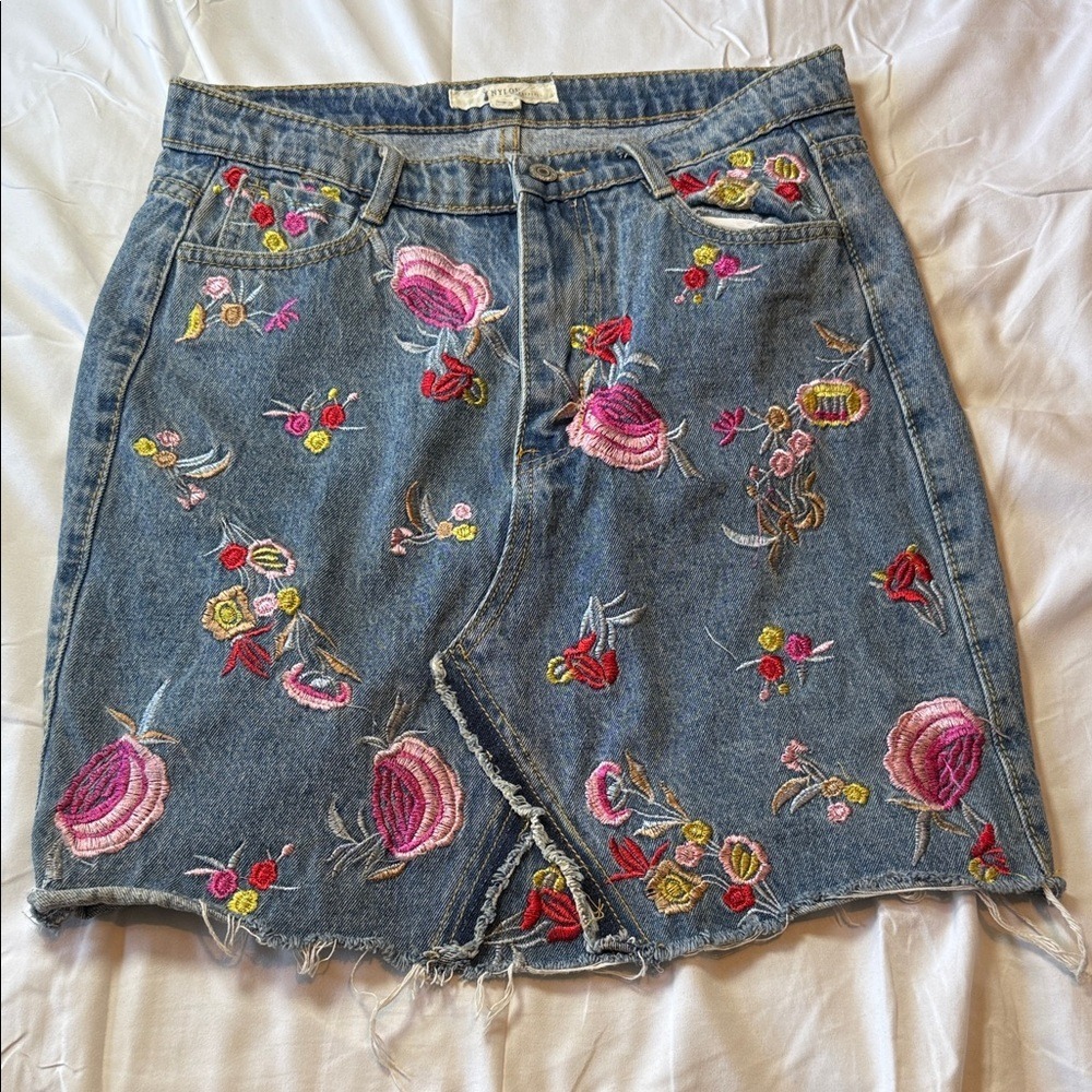 Embroidered Floral Denim Skirt - Blue with Pink Accents